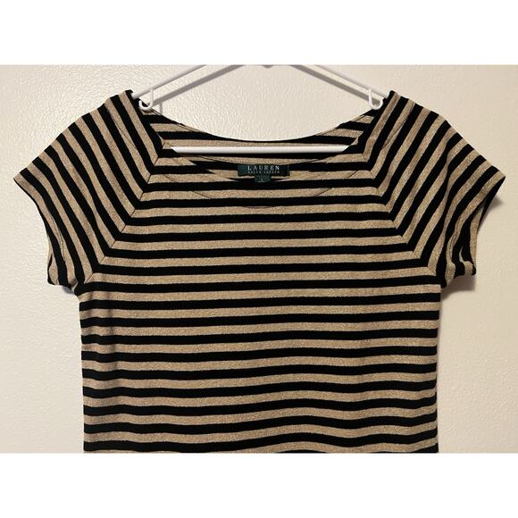 Lauren Ralph Lauren Shirt Women’s Large Black Gold Metallic Striped Stretch Top - Picture 3 of 8